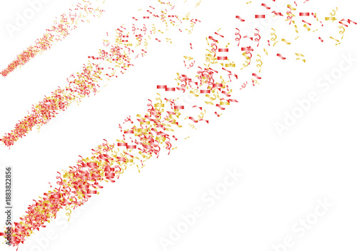 Diagonal dispersion of red and gold confetti and streamers, perfect for energetic party visuals