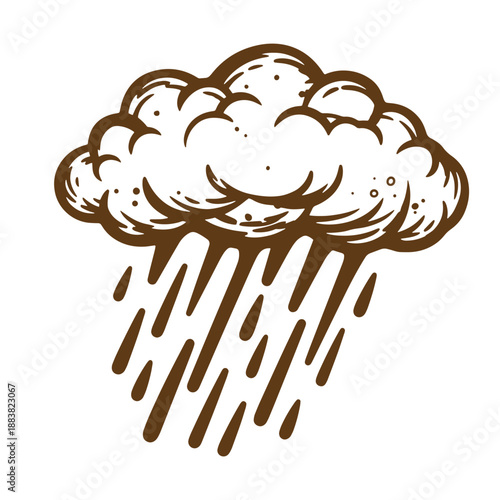 Drawing Vintage grunge  texture Brown rain cloud with rain falling down isolated on white background