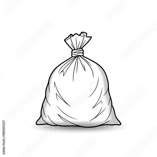 A black and white illustration of a trash bag tied at the top sitting on a surface