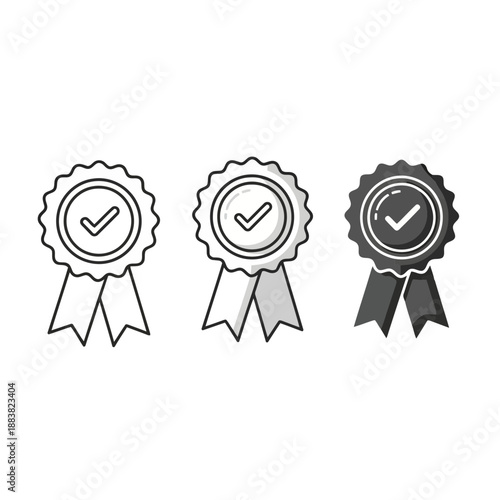 Vector illustration of three checkmark rosette ribbons in different colors and styles