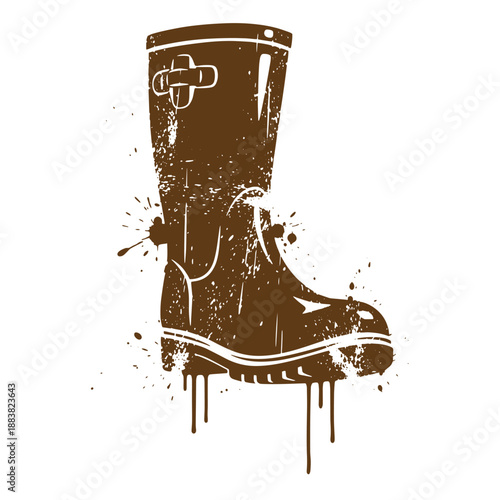 Drawing Vintage grunge  texture Brown rubber boot with white stripes and buckle isolated on white background