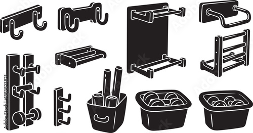 Bathroom accessories and tools in black and white illustration