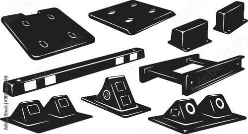 Industrial metal parts and tools in black and white