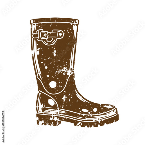 Drawing Vintage grunge  texture Brown rubber rain boot with buckle and splatter design  isolated on white background