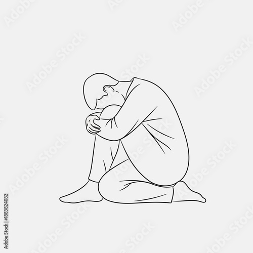 A line drawing of a man sitting on the floor with his head in his hands feeling sad or depressed