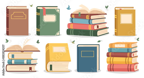 Collection of various books stacked and standing upright.