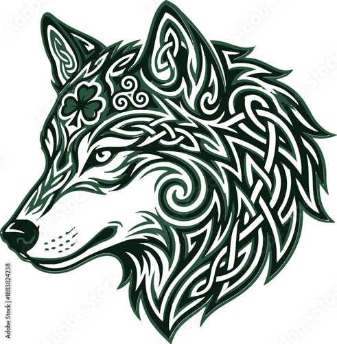 Stylized wolf head features intricate Celtic knot patterns and a shamrock symbol. This detailed illustration has an engraved appearance, suitable for themes of Irish heritage, strength, or nature.