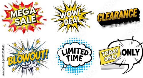 Comic Style Sale Promotion Stickers Set with Mega Sale, Wow Deal, Clearance, Blowout, Limited Time, Today Only for E-commerce Marketing, Retail Websites, Discount Banners, Special Offers