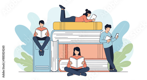 Diverse people reading books enjoying literature and knowledge.