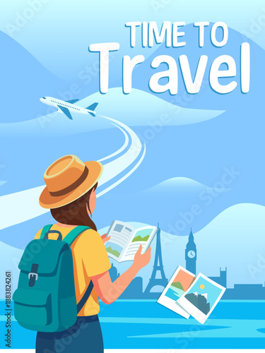 Backpacker Woman Reading Map with Airplane and World Landmarks, Adventure Travel Concept Illustration