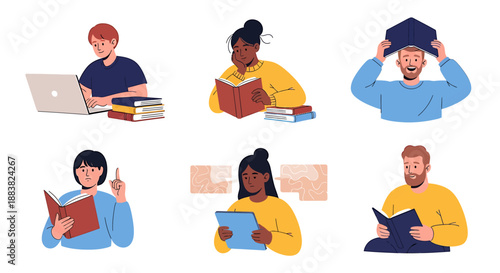 Diverse people reading and studying with books and laptop.