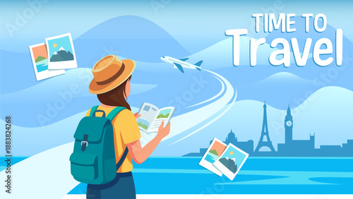 Time to Travel Banner with Famous City Landmarks, Airplane and Tourist Girl for Tourism Marketing