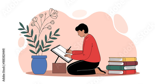 Young man drawing on digital tablet with stylus pen.