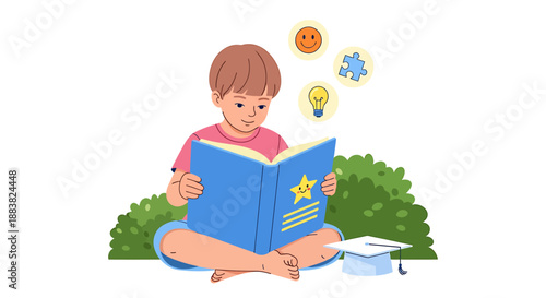 Young boy sitting cross legged reading a book outdoors.