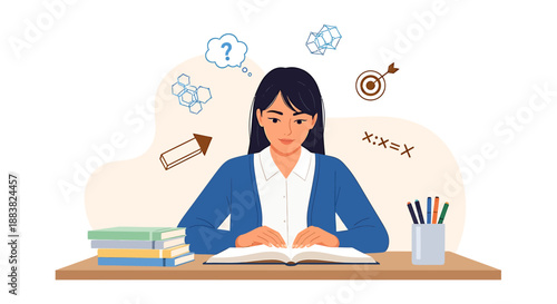 Young woman studying diligently at her desk with books and learning symbols.