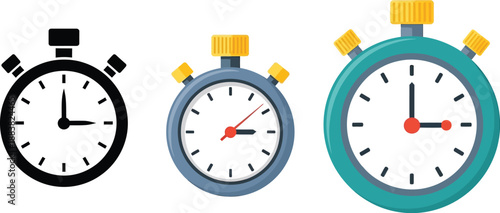 Three Stopwatches in Different Styles: Black and White Icon and Colorful Flat Design Illustrations Isolated on White Background