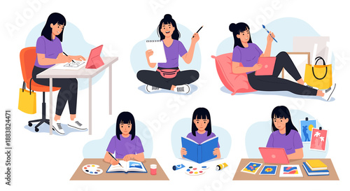 Young woman engaged in various creative activities and hobbies.