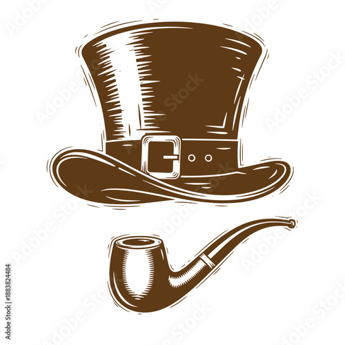 Drawing Vintage grunge  texture brown illustration of a top hat and smoking pipe on white background