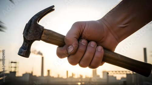 Close up of a worker hand firmly gripping a wooden hammer against an industrial background with smoke stacks