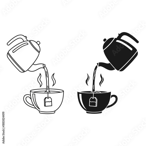 Black and white line drawings of tea kettles pouring into tea cups