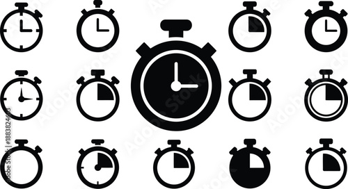 A comprehensive collection of black and white stopwatch icons showing different time intervals and clock faces on a white background