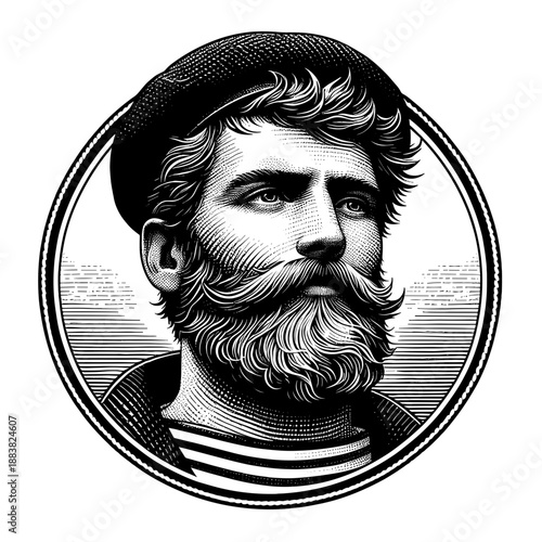 Striking vintage sailor engraving depicting man with beard and beret, presented in circular frame, capturing classic maritime style.