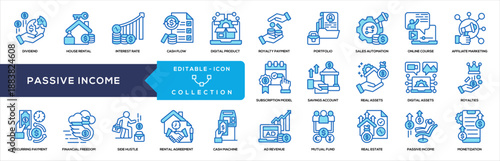 Passive Income Blue Icon Collection. Containing dividend income, house rental, interest rate, cash flow, digital product, royalty payment, sales automation