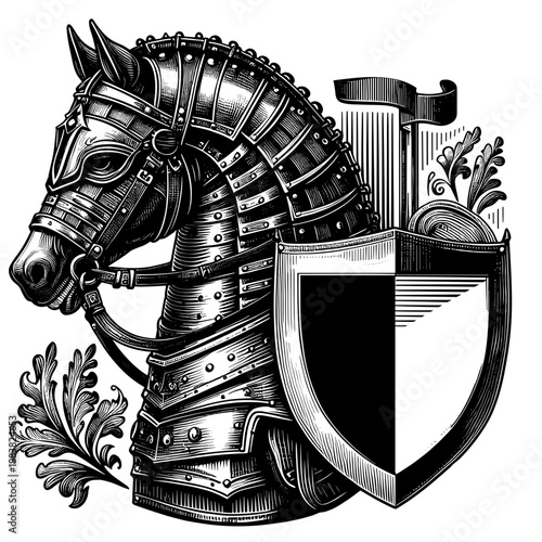 Armored Warhorse Head in Hand-Drawn Vintage Classic Engraving, featuring Medieval Barding and Heraldic Style as Knightly Emblem and Equestrian Armor. Ideal for Chivalry Design, Fantasy Decor,