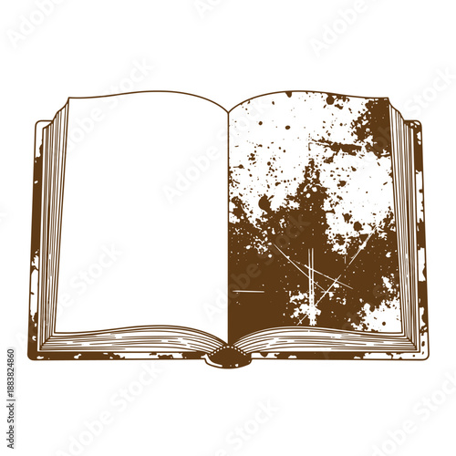 Drawing Vintage grunge  texture Brown illustration of an open book with blank pages and a grunge effect on the right page cover  educational and literary symbol