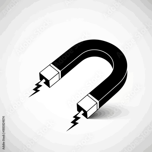 Black and white illustration of a horseshoe magnet with sparks flying out