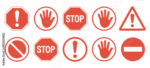Stop street icons, traffic control symbols with red stop signs hand gestures and stop text, vector illustration for road safety use.