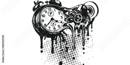 Surreal distorted alarm clock with dripping effect and mechanical gears