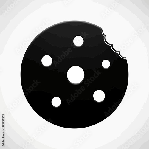 A black and white illustration of a broken cookie with cracks and bite marks on it