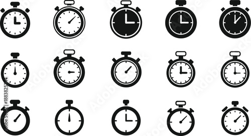 A comprehensive collection of various stopwatch icons presented in a minimalist black and white graphic style, symbolizing time, speed, and precision.