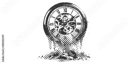 Melting antique clock with visible gears disintegrating into a unique halftone pattern