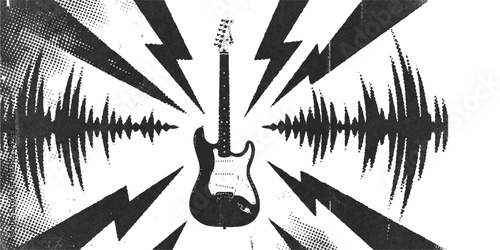 Electric guitar with sound waves and lightning bolts