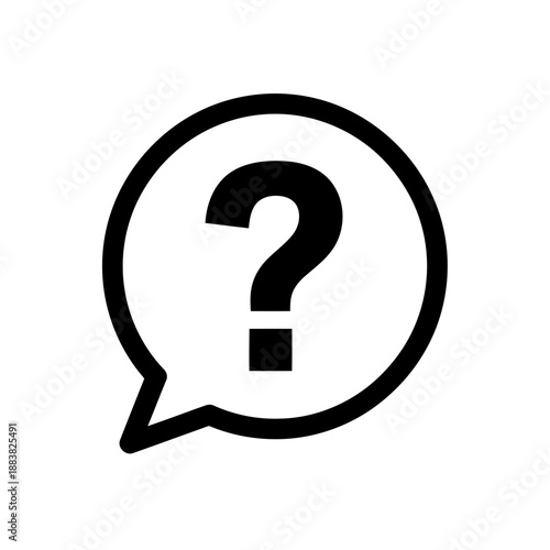 Black and white line drawing of a question mark in a speech bubble