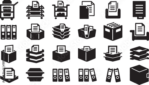 Office supplies and documents icons in black and white
