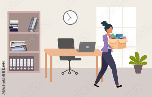Dismissed employee holding belongings box. Unemployment, crisis, jobless and employee job reduction concept. Sad girl quits her job. Dismissal. Female worker fired. Vector illustration