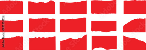 Red ripped paper design featuring jagged torn edges that create top and bottom frames. This torn paper edge shape vector illustration is ideal for posters, banners, collages, backgrounds.