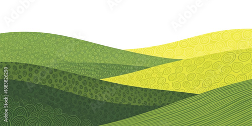 Rolling green hills with textured patterns and a bright yellow field Vector, illustration