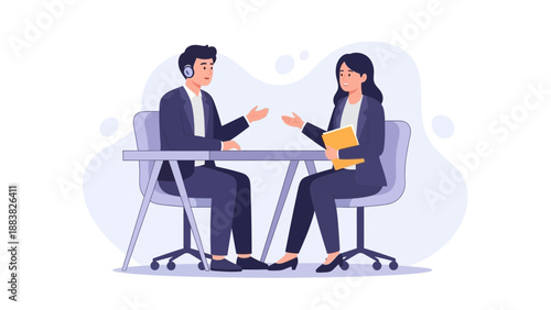 Business meeting illustration: two professionals discussing work at a table