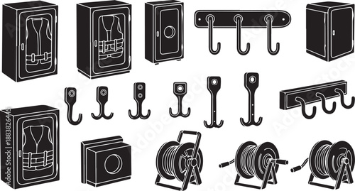Black and white illustration of safes and hooks collection