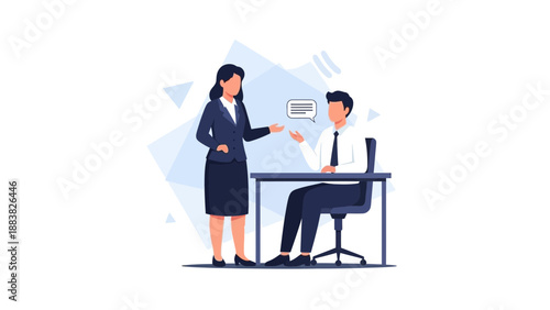 Business meeting illustration: woman presenting to man at desk, communication concept