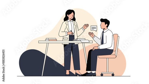 Business meeting illustration: woman and man discussing work at desk