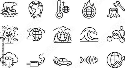 Climate Change and Global Warming Icon Set Featuring Polar Bear Melting Earth Greenhouse Gas Emissions Deforestation Carbon Footprint Ocean Waves and Environmental Crisis Symbols