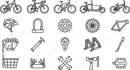 Bicycle and Cycling Gear Icon Set Featuring Mountain Bikes Road Bikes Electric Bicycles Helmets Repair Tools Locks Pumps Parts and Professional Bike Shop Equipment Symbols