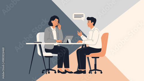 Business meeting illustration, diverse colleagues discussing project at desk with laptop