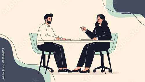 Business meeting illustration, man and woman discussing at desk