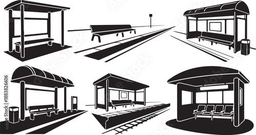 Various Bus Stop Designs and Structures in Black and White